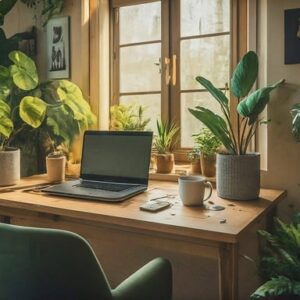 ordinateur portable ouvert sur une table servant de bureau placé devant une fenêtre et entouré de plantes d'intérieur mais attention où sont les limites vie professionnelle vie personnelle